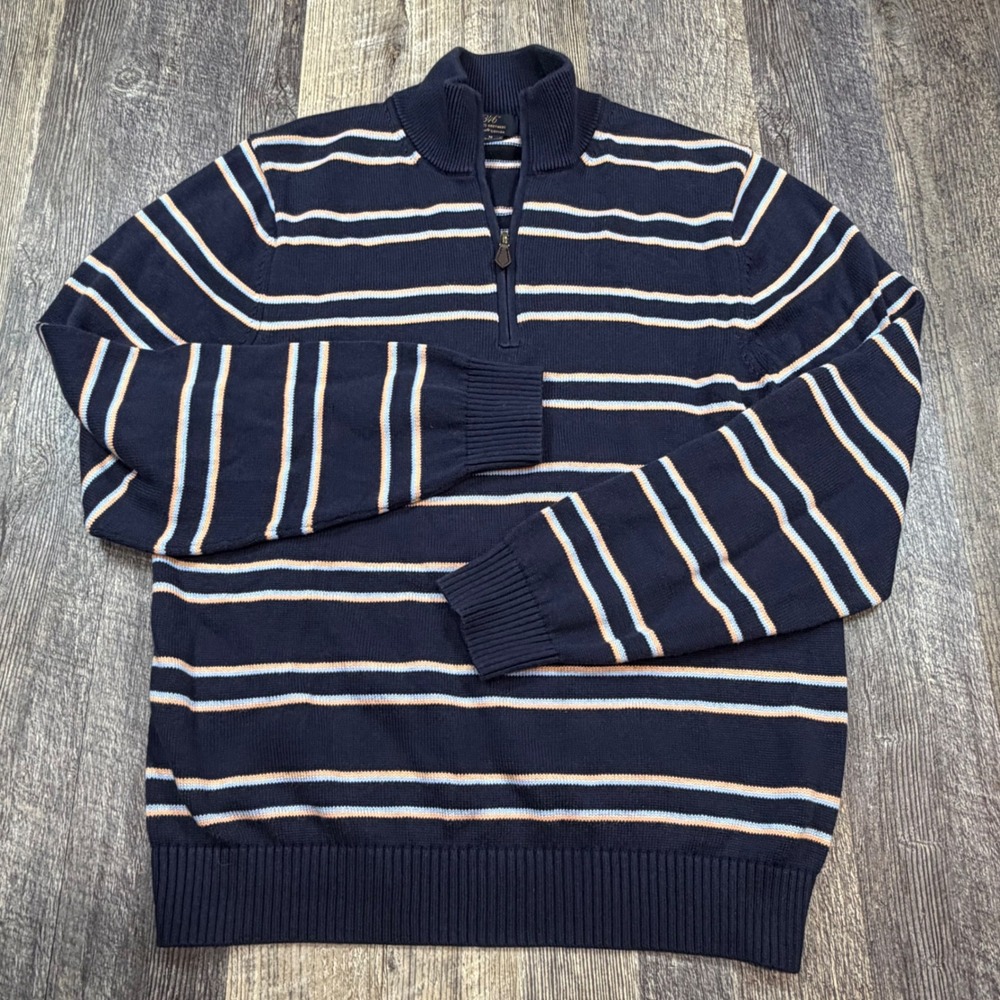 Brooks Brothers 346 Quarter Zip Sweater Mens M Navy Blue Striped Supima Cotton